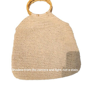 P066. Tan Raffia Woven Bag with Bamboo Ring Handles
